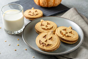 Halloween pumpkin cookies with sweet cream filling on a gray plate with milk on a concrete background. 