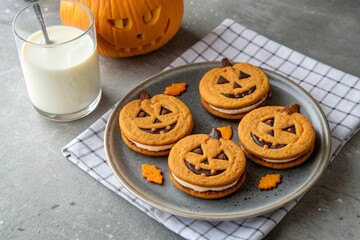 Halloween pumpkin cookies with sweet cream filling on a gray plate with milk on a concrete background. 