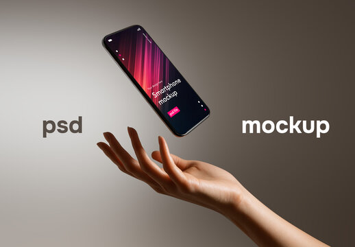 A smartphone mockup floating above a hand