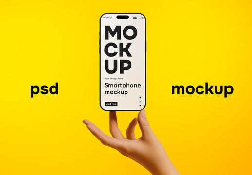 A smartphone mockup floating above a hand