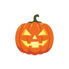 Bright Orange Halloween Carved Pumpkin Jack-o-Lantern Glowing with Spooky Happy Face Isolated on White