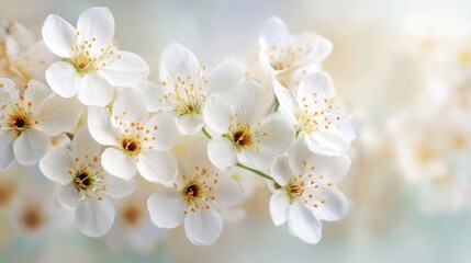Obraz premium In springtime clusters of white flowers bloom with yellow-orange stamens creating a bright and fresh atmosphere. The soft background enhances their beauty inviting admiration.
