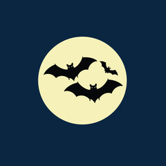 Spooky Halloween Night Scene with Black Bat Silhouettes Flying Across a Glowing Full Moon Illustration