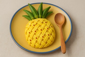 Creative pineappleshaped rice dish with okra leaves on a plate