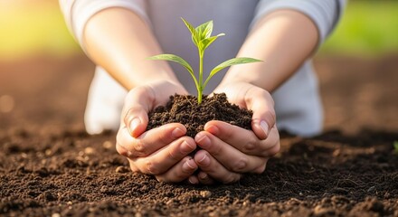 Hands Nurturing Young Plant in Sunlight
