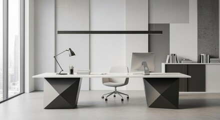 Contemporary Minimalist Workspace with Cityscape