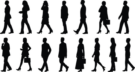 Silhouette of business people walking in various poses, men and women in formal attire, vector illustration for office concept