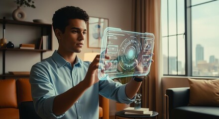 Future Tech Interaction: Diverse Professional with Holographic Interface