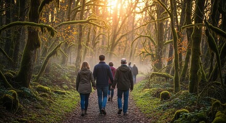 Mindful Group Walk in Autumn Forest at Sunset
