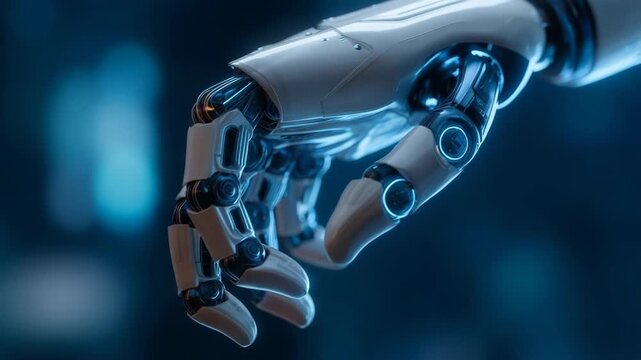 Futuristic robotic hand with metallic joints shown in close-up, realistic style, glowing blue highlights on a dark blurred background, concept of advanced technology