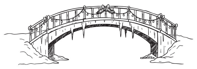 Festive snow-covered bridge with holiday decorations in winter scene – retro hand drawn illustration