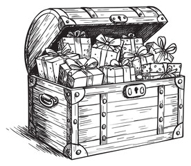 Fototapeta premium Wooden treasure chest filled with wrapped gift boxes in black and white sketch – retro hand drawn illustration