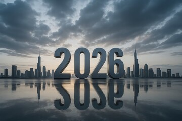 Giant metallic 2026 numbers with city skyline and water reflections at dusk celebrating futuristic new year ambiance with dramatic cloudy sky backdrop. Ai generative