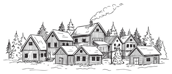 Obraz premium Charming winter village scene with snow-covered houses and pine trees – retro hand drawn illustration