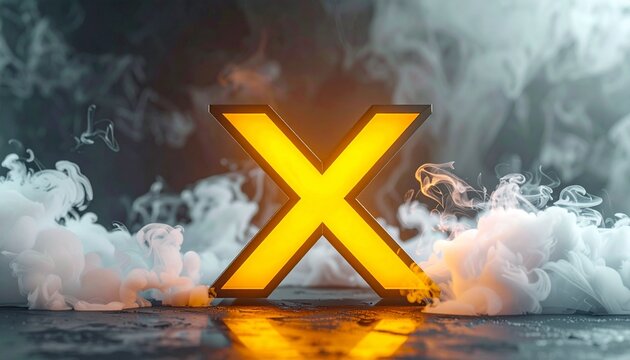 "Glowing yellow letter X with black border standing on surface surrounded by swirling white smoke against dark gradient background, evoking mystery and bold symbolism."