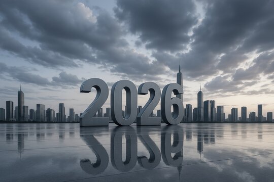 Metallic 2026 numbers on wet reflective surface with modern city skyline under dramatic cloudy sky at dusk, concept of new year celebration coming soon. Ai generative