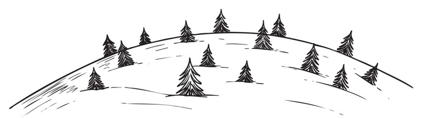 Obraz premium Black and white sketch of pine trees on a gently sloping hill landscape – retro hand drawn illustration