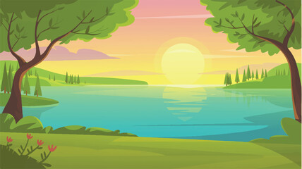 Obraz premium Vector art of a serene lake landscape with trees and a vibrant sunset illustration