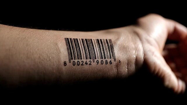 Close Up of Barcode Tattoo on Person's Wrist, Futuristic Concept