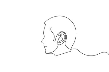 Human ear icon in continuous one line drawing style. Minimalist outline isolated on a white background. Modern single line art vector illustration for design projects