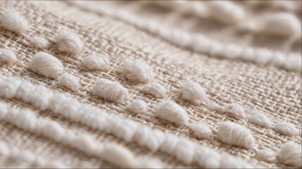 A detailed look at soft beige fabric featuring raised stitching and intricate patterns. The subtle texture adds depth and visual interest ideal for textile design enthusiasts.