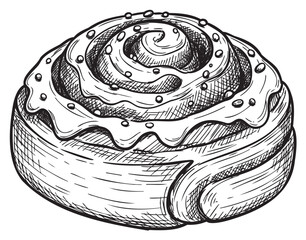 Hand-drawn cinnamon roll with icing in black and white vector art – retro hand drawn illustration