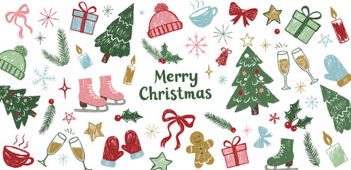 Childlike christmas doodles. Simple winter chalk set with ornaments, snowflake, christmas tree, bow. Playful hand drawn style