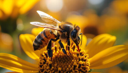 Macro close-up of a honeybee on a yellow flower, sharp detail, natural sunlight
