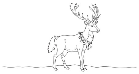 Festive reindeer with antlers and holiday bells in winter forest scene – retro hand drawn illustration
