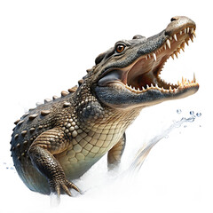 Crocodile, snapping jaws with water splash, cutout, PNG isolated on white or transparent background