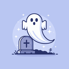 Cute ghost hovering above a gravestone in a whimsical graveyard scene
