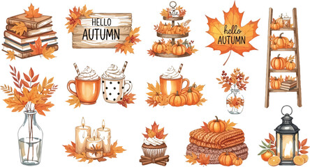 Watercolor autumn elements featuring pumpkins leaves candles and cozy fall decor