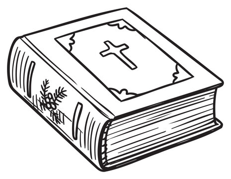 Illustrated closed bible with decorative cross and holly on cover – retro hand drawn illustration
