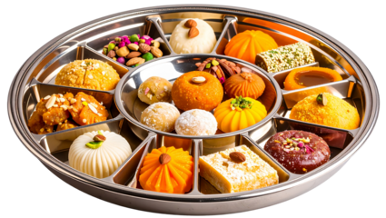 Assortment of colorful indian sweets arranged on a divided white plate for a festive presentation on transparent background