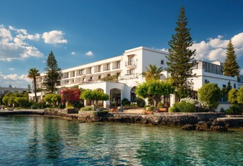 Obraz premium A stunning waterfront hotel with lush landscaping and a tranquil ambiance is perfectly situated on the water's edge.