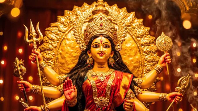 Maa Durga Statue During Navratri Celebration - A stunning close-up of the Hindu goddess Durga, radiating power and serenity.