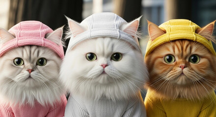 Three Cats Wearing Hoodies - Cute Pets Photography