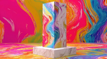 A striking abstract sculpture stands prominently with swirling colors in vibrant pink blue and yellow creating a lively backdrop. This artwork captures attention and inspires creativity.