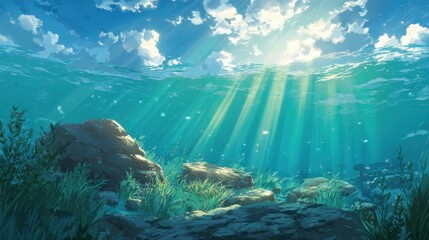 Sunlight shines through the surface of the water creating a peaceful underwater scene. Rocks and aquatic plants are visible giving a sense of tranquility and beauty in nature.