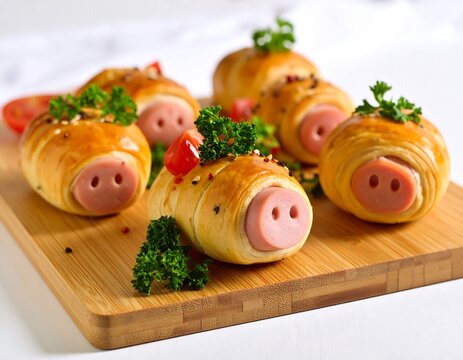 Pigs in blankets pastries on a wooden board