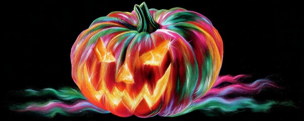 Glowing Jack-O'-Lantern with Neon Pink and Green Colors Against Black Background