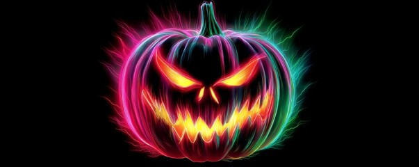 Glowing Jack-o-lantern with Neon Pink and Green Lights Creating an Eerie Halloween Atmosphere