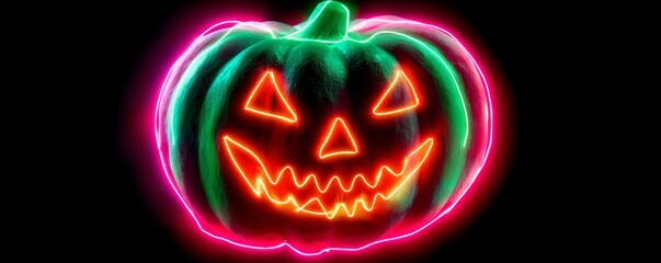 Glowing Jack-o-Lantern with Neon Pink and Green Lights Against a Dark Background