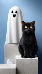 Halloween Podium Scene Featuring Black Cat Stretching Next to a Ghostly Figure on Textured Blocks
