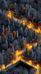 Isometric Forest At Night With Glowing Lanterns Illuminating Snowy Paths In A Spooky Halloween Setting