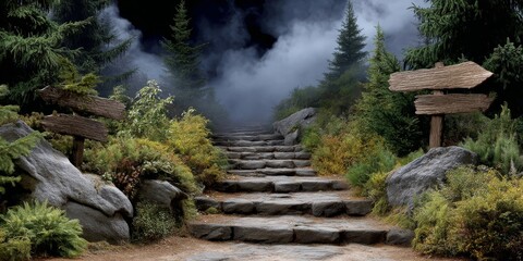 Hidden Witch Path Through Enchanted Forest with Stone Steps and Wooden Signposts Under Misty Atmosphere