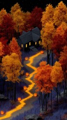 Isometric Halloween Night Scene in a Forest with Glowing Path and Pumpkins Leading to a Charming House