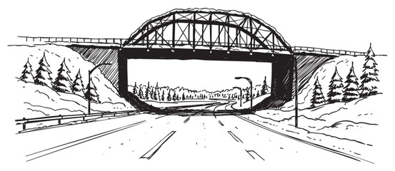 Obraz premium Scenic highway bridge overpass with surrounding pine trees and curved roadway illustration – retro hand drawn illustration