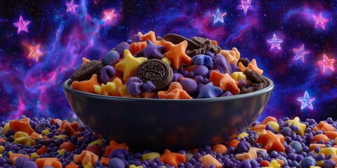 Vibrant Bowl of Halloween-Themed Candy Under Ultraviolet Light with Cosmic Background