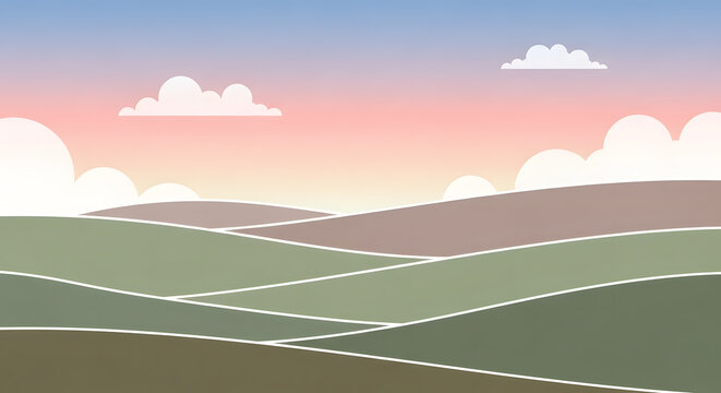 Stylized rolling hills landscape with pastel sky and fluffy clouds at sunrise or sunset abstract